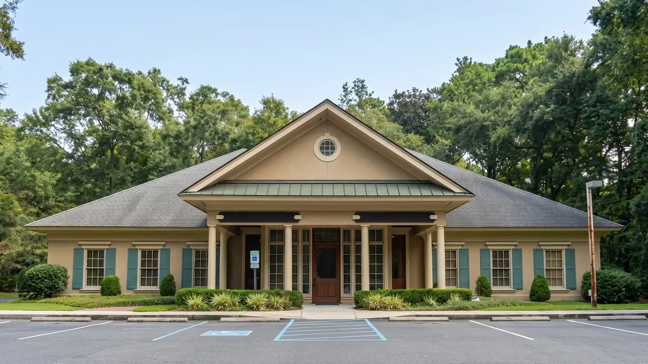 The Hilton Head Dental office on Pembroke Drive, Hilton Head Island: a tan single-storey building with teal shutters, a columned porch and live oaks behind.